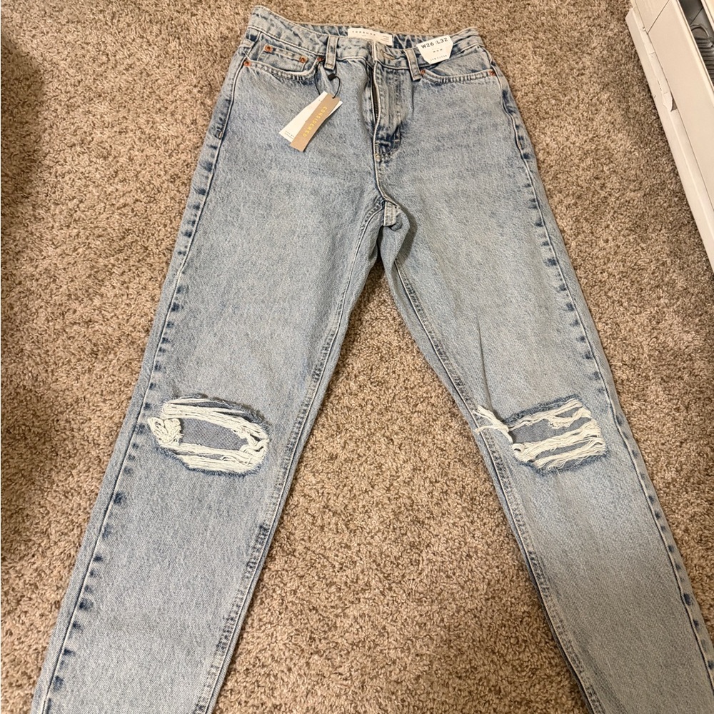 Topshop Light Blue Ripped Straight Leg Jeans